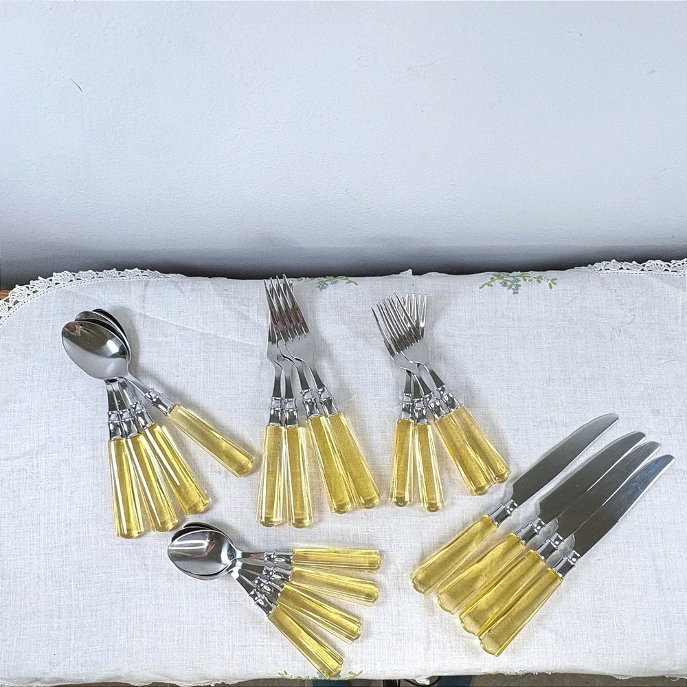 20pc Stainless Steel Flatware Set Clear Lucite/Acrylic Handles Service for 4